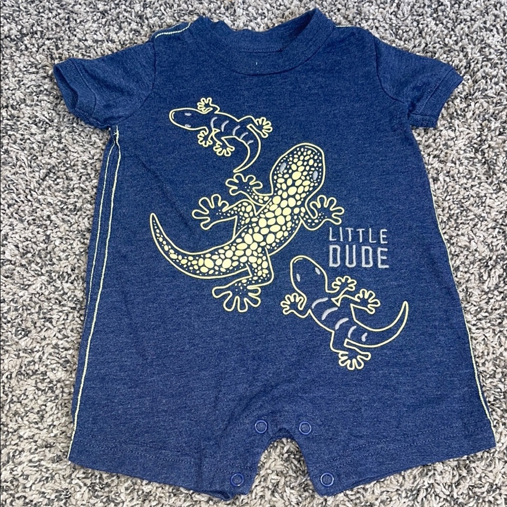Carter's 0-3M Blue and green 'Little Dude' lizard gecko one piece baby clothes